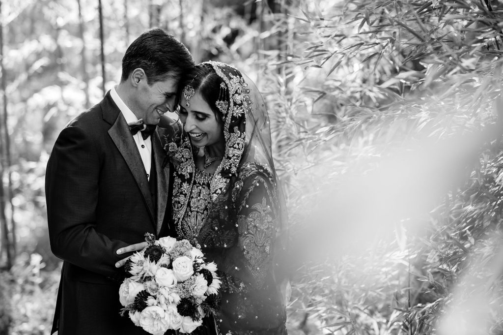 bride and groom laughing at hakone garden